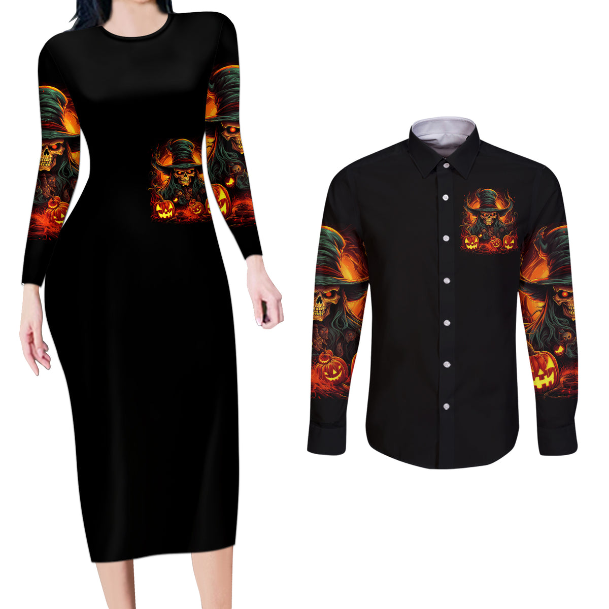 Witch Skull Couples Matching Long Sleeve Bodycon Dress and Long Sleeve Button Shirts Witches With Hitches - Wonder Print Shop