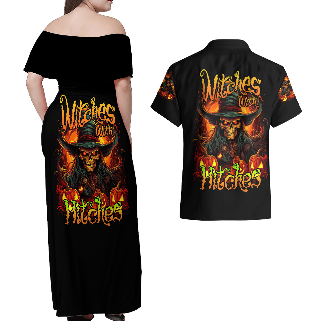 Witch Skull Couples Matching Off Shoulder Maxi Dress and Hawaiian Shirt Witches With Hitches - Wonder Print Shop