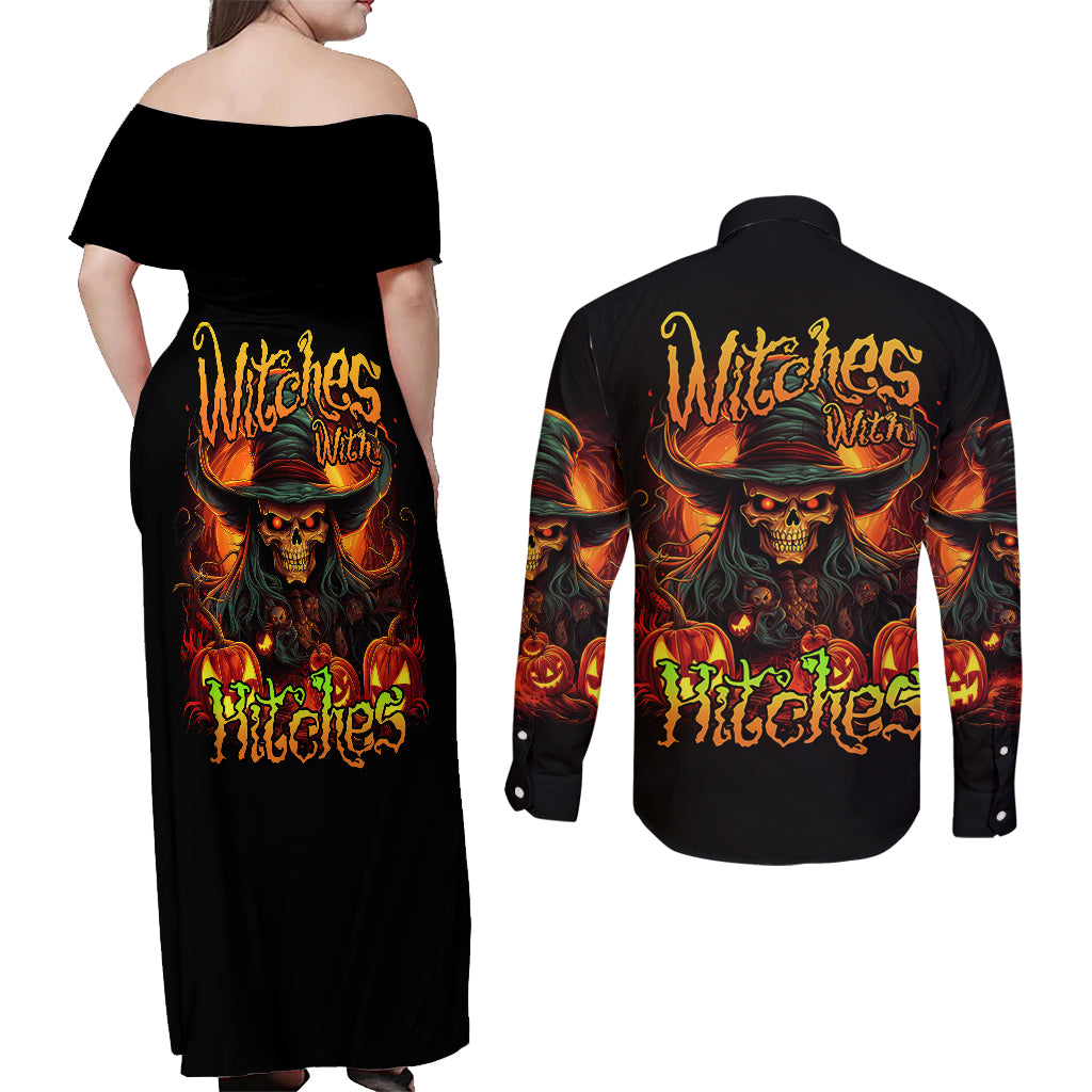 Witch Skull Couples Matching Off Shoulder Maxi Dress and Long Sleeve Button Shirts Witches With Hitches - Wonder Print Shop