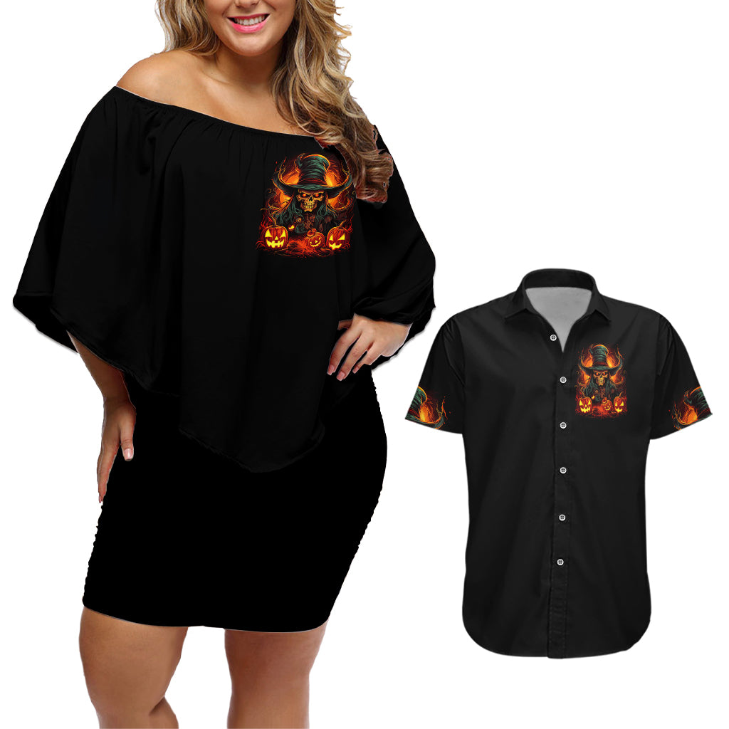 Witch Skull Couples Matching Off Shoulder Short Dress and Hawaiian Shirt Witches With Hitches - Wonder Print Shop