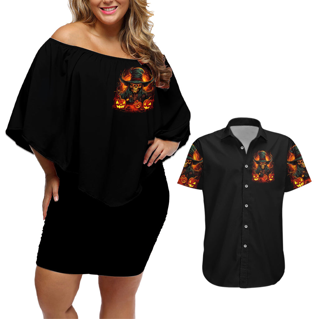 Witch Skull Couples Matching Off Shoulder Short Dress and Hawaiian Shirt Witches With Hitches - Wonder Print Shop
