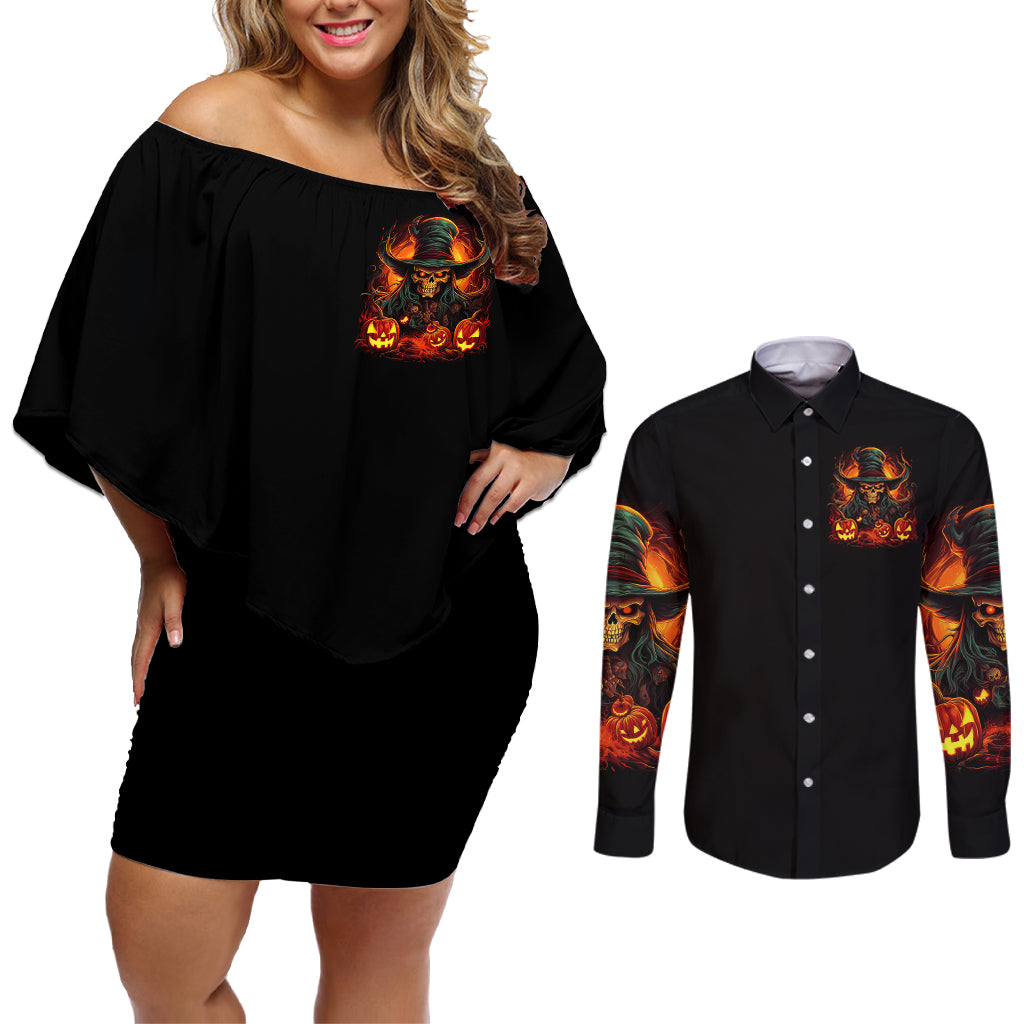 Witch Skull Couples Matching Off Shoulder Short Dress and Long Sleeve Button Shirts Witches With Hitches - Wonder Print Shop