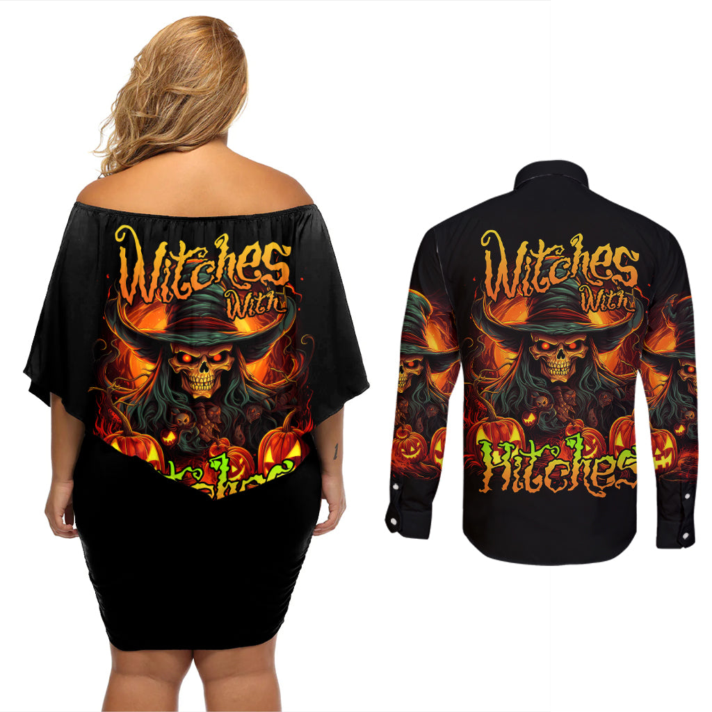 Witch Skull Couples Matching Off Shoulder Short Dress and Long Sleeve Button Shirts Witches With Hitches - Wonder Print Shop