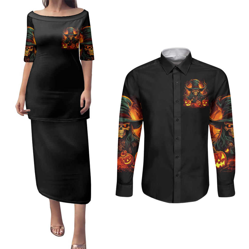Witch Skull Couples Matching Puletasi Dress and Long Sleeve Button Shirts Witches With Hitches - Wonder Print Shop
