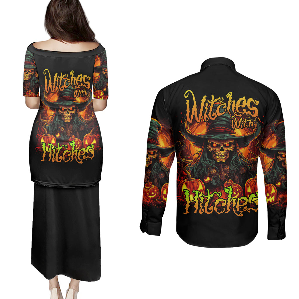 Witch Skull Couples Matching Puletasi Dress and Long Sleeve Button Shirts Witches With Hitches - Wonder Print Shop
