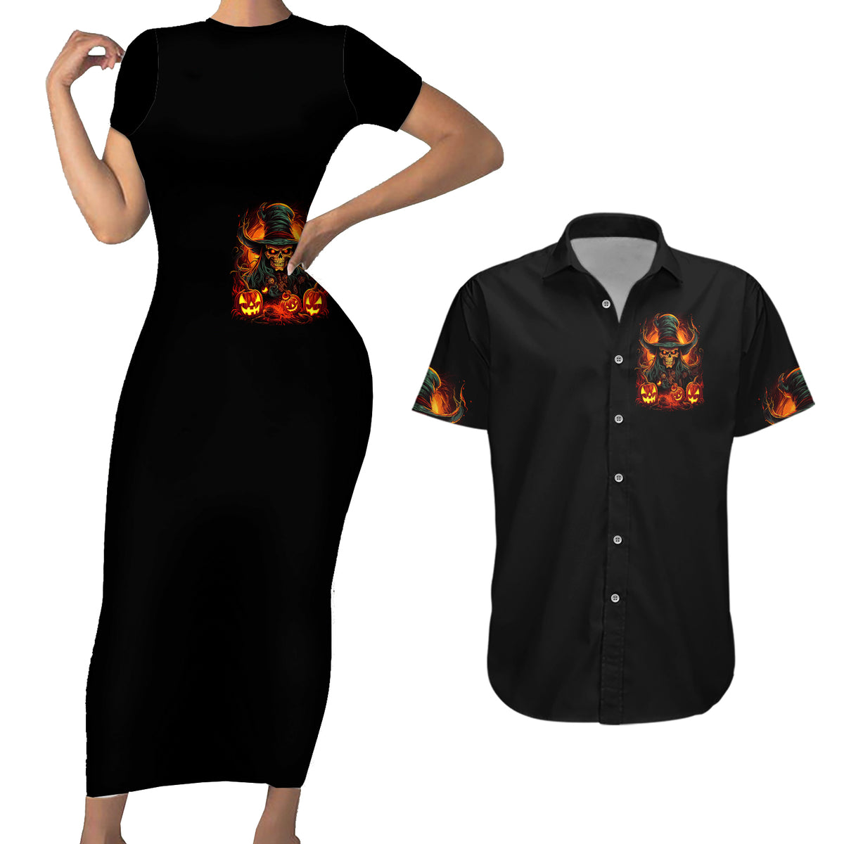 Witch Skull Couples Matching Short Sleeve Bodycon Dress and Hawaiian Shirt Witches With Hitches - Wonder Print Shop