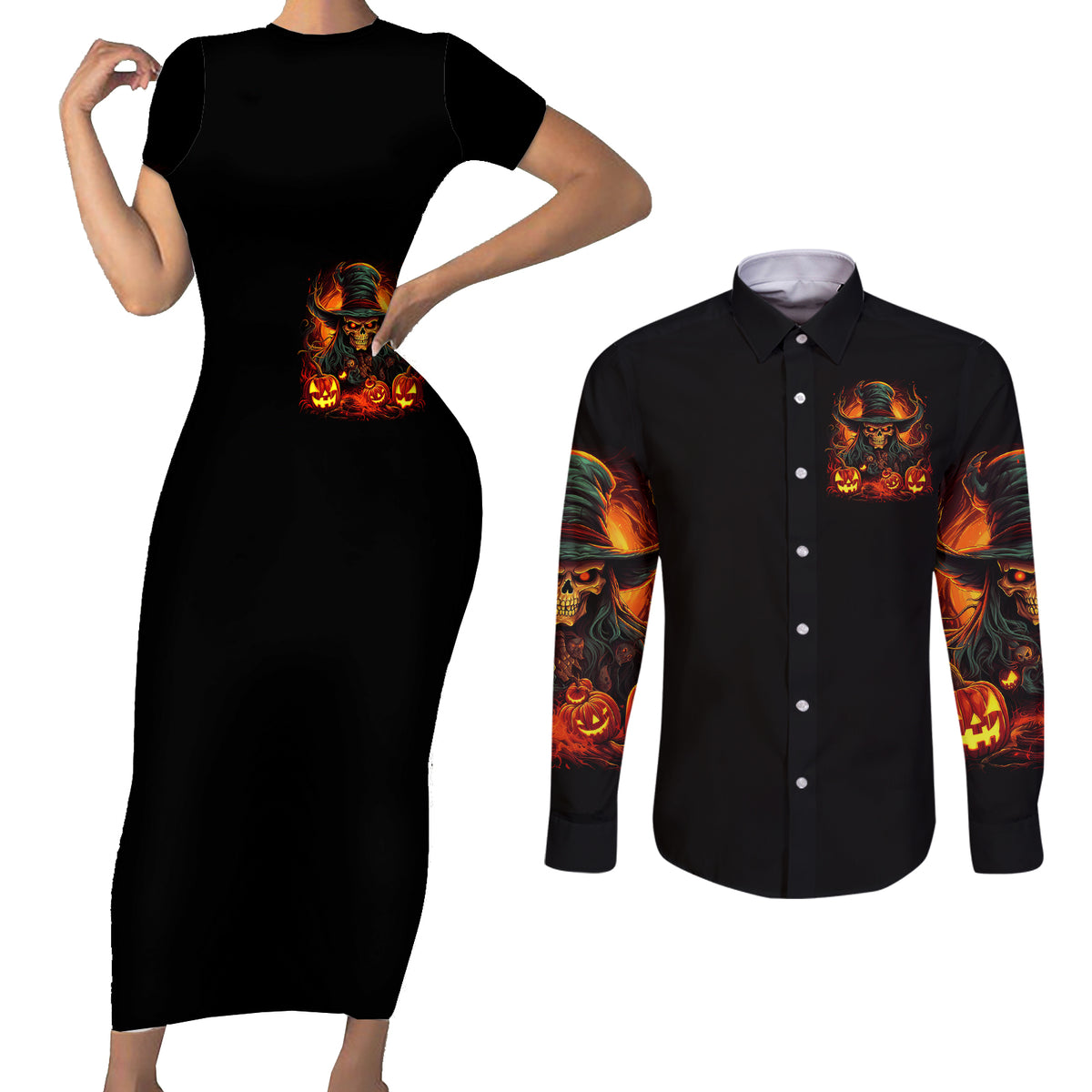 Witch Skull Couples Matching Short Sleeve Bodycon Dress and Long Sleeve Button Shirts Witches With Hitches - Wonder Print Shop