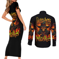 Witch Skull Couples Matching Short Sleeve Bodycon Dress and Long Sleeve Button Shirts Witches With Hitches - Wonder Print Shop