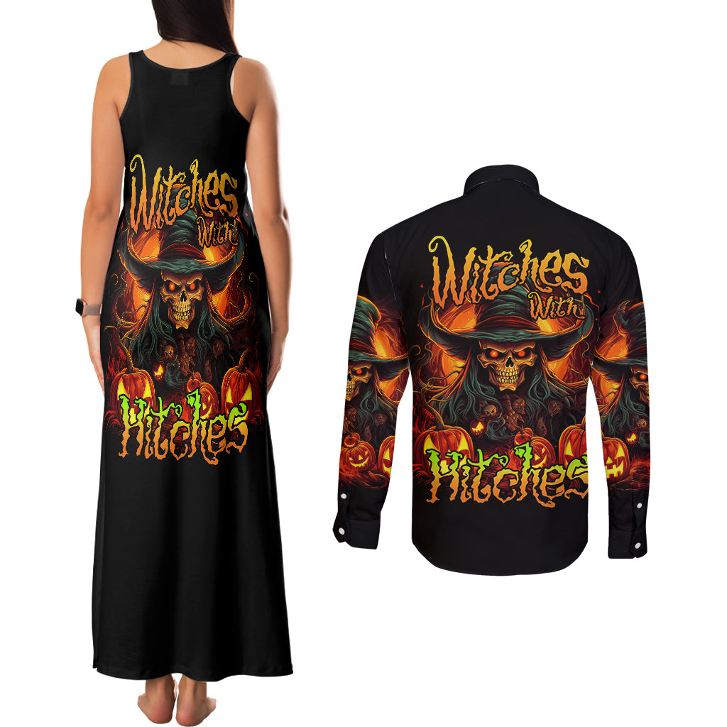 Witch Skull Couples Matching Tank Maxi Dress and Long Sleeve Button Shirts Witches With Hitches - Wonder Print Shop