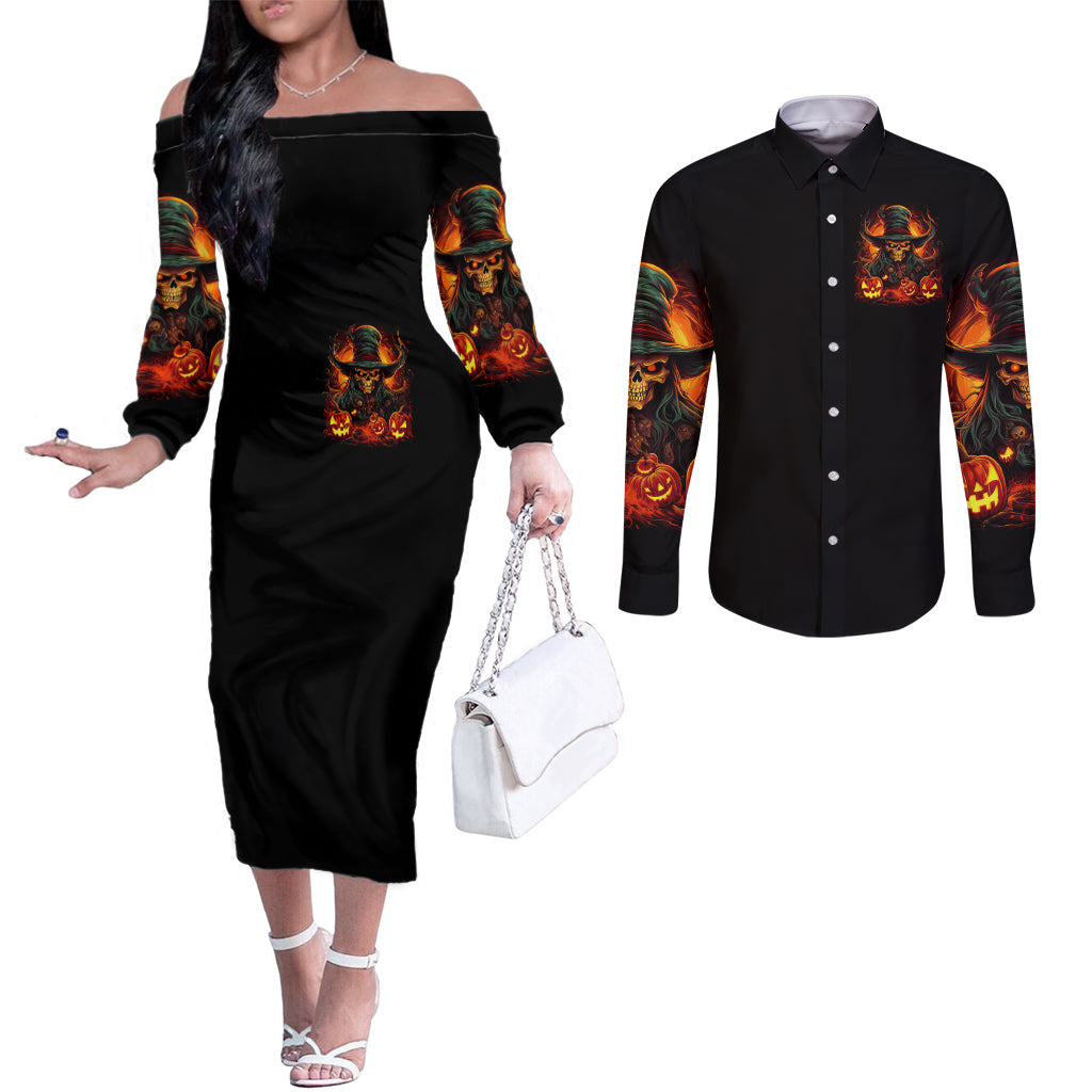 Witch Skull Couples Matching Off The Shoulder Long Sleeve Dress and Long Sleeve Button Shirt Witches With Hitches