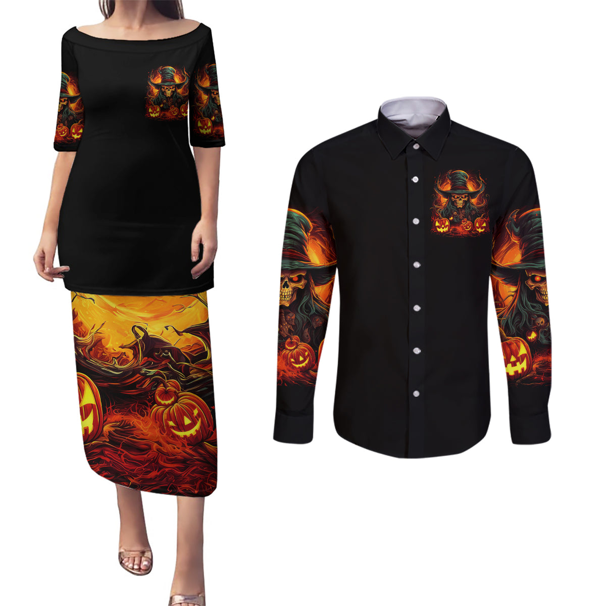 Witch Skull Couples Matching Puletasi and Long Sleeve Button Shirt Witches With Hitches - Wonder Print Shop