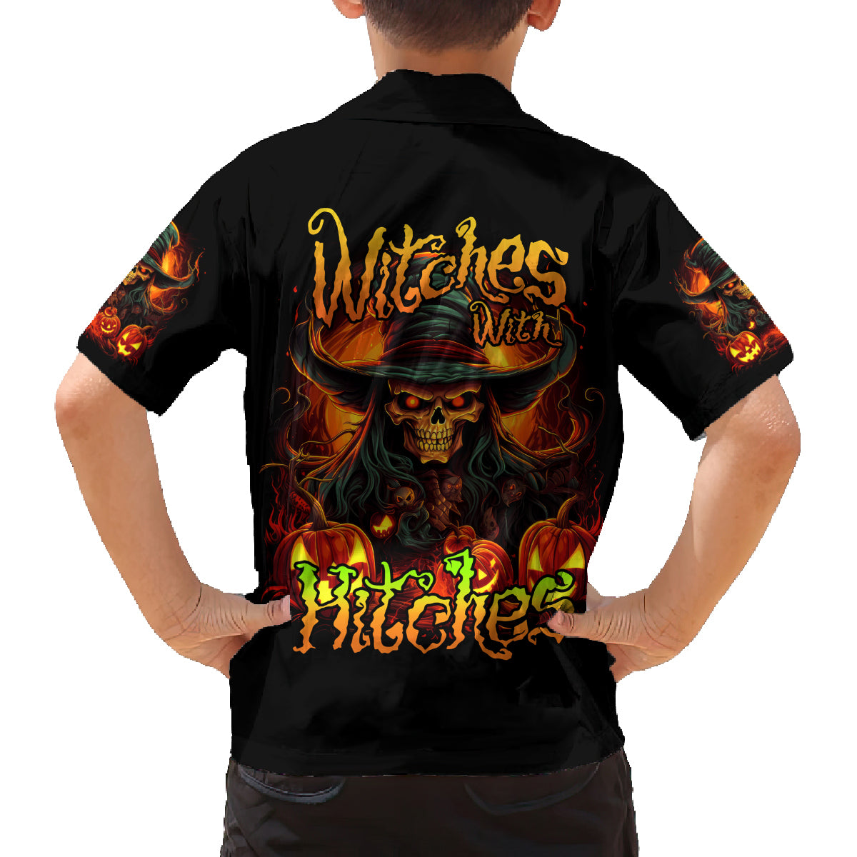 Witch Skull Family Matching Long Sleeve Bodycon Dress and Hawaiian Shirt Witches With Hitches - Wonder Print Shop