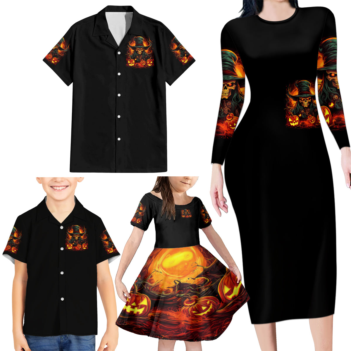 Witch Skull Family Matching Long Sleeve Bodycon Dress and Hawaiian Shirt Witches With Hitches - Wonder Print Shop