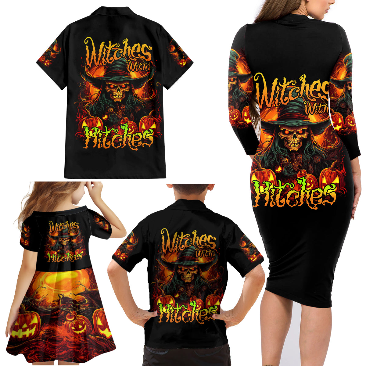 Witch Skull Family Matching Long Sleeve Bodycon Dress and Hawaiian Shirt Witches With Hitches - Wonder Print Shop