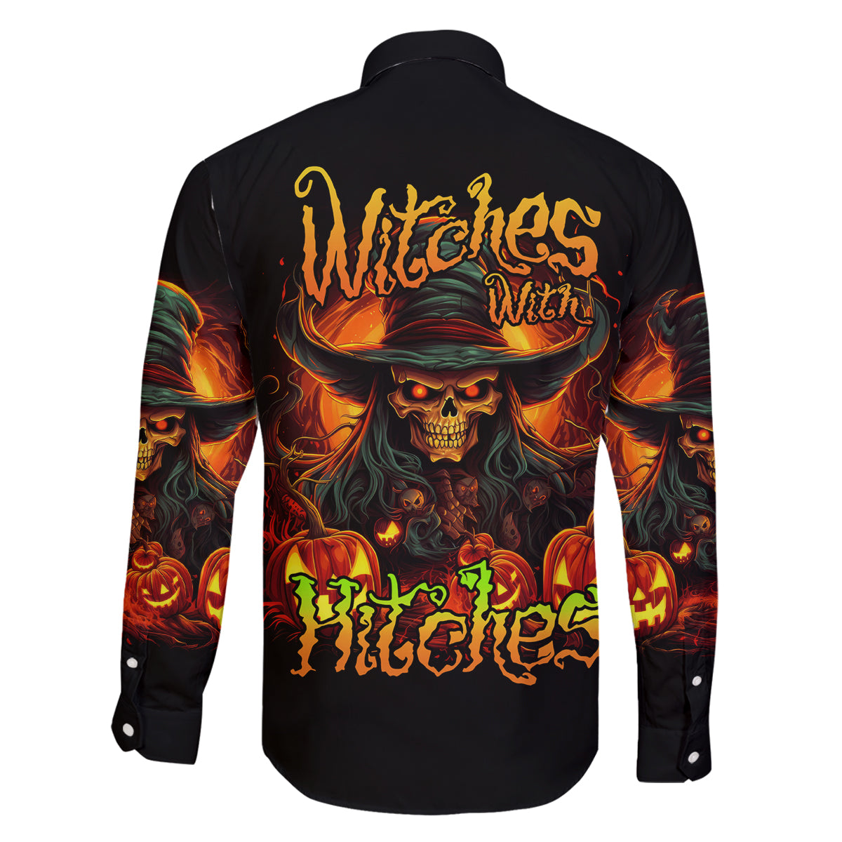 Witch Skull Family Matching Long Sleeve Bodycon Dress and Hawaiian Shirt Witches With Hitches - Wonder Print Shop