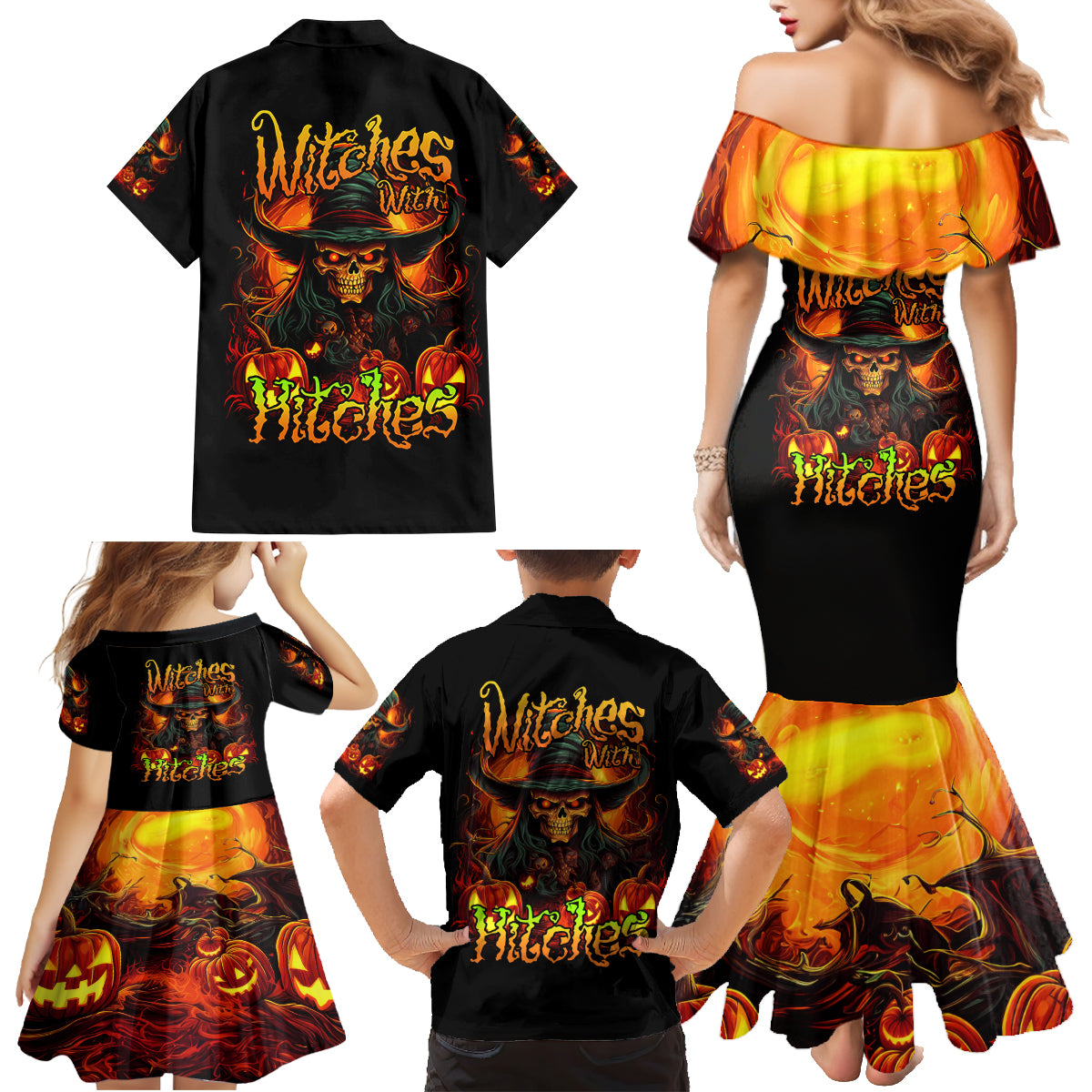Witch Skull Family Matching Mermaid Dress and Hawaiian Shirt Witches With Hitches - Wonder Print Shop