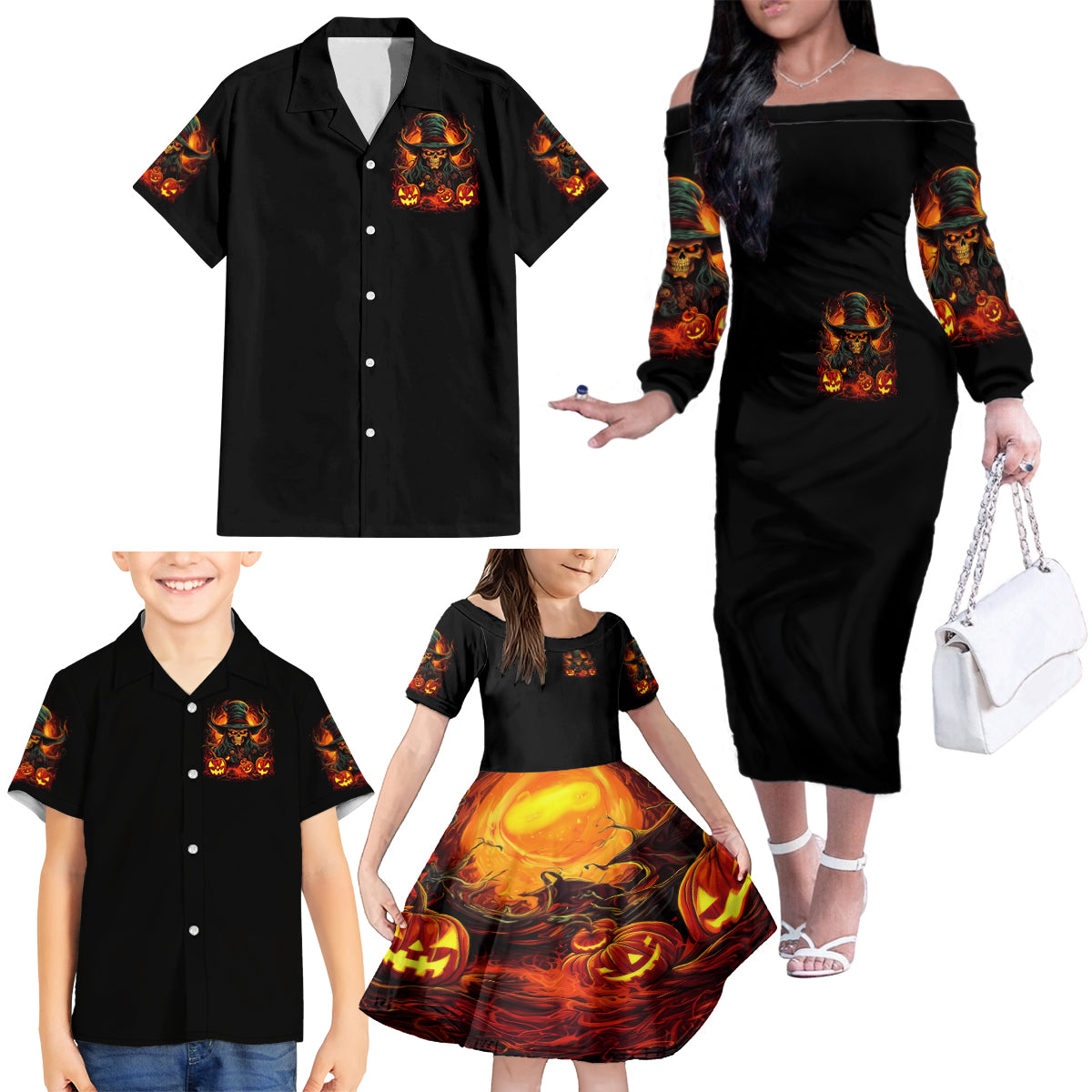 Witch Skull Family Matching Off Shoulder Long Sleeve Dress and Hawaiian Shirt Witches With Hitches - Wonder Print Shop
