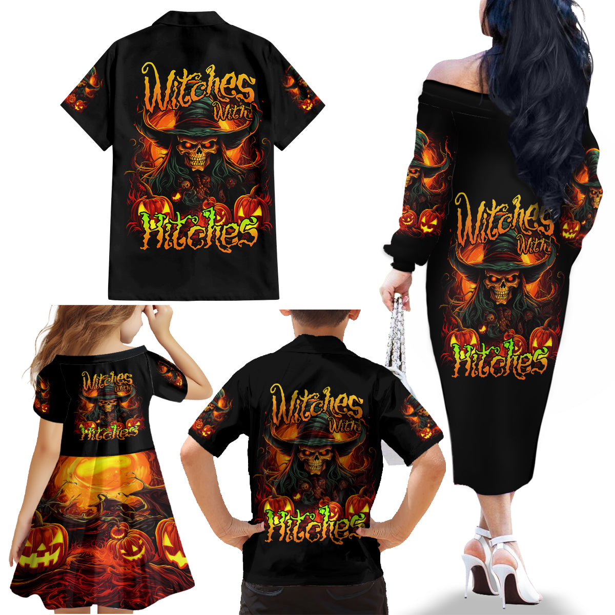 Witch Skull Family Matching Off Shoulder Long Sleeve Dress and Hawaiian Shirt Witches With Hitches - Wonder Print Shop