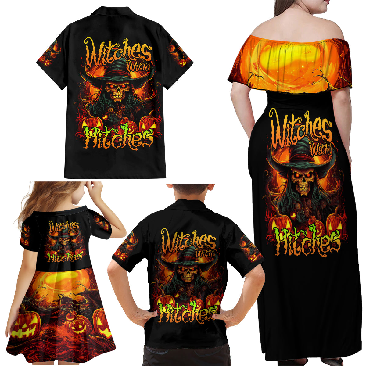 Witch Skull Family Matching Off Shoulder Maxi Dress and Hawaiian Shirt Witches With Hitches - Wonder Print Shop