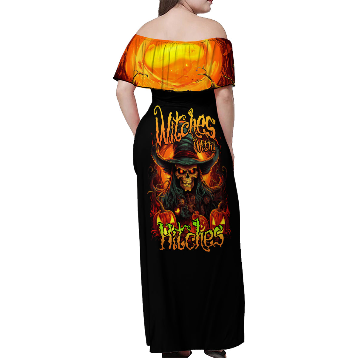Witch Skull Family Matching Off Shoulder Maxi Dress and Hawaiian Shirt Witches With Hitches - Wonder Print Shop