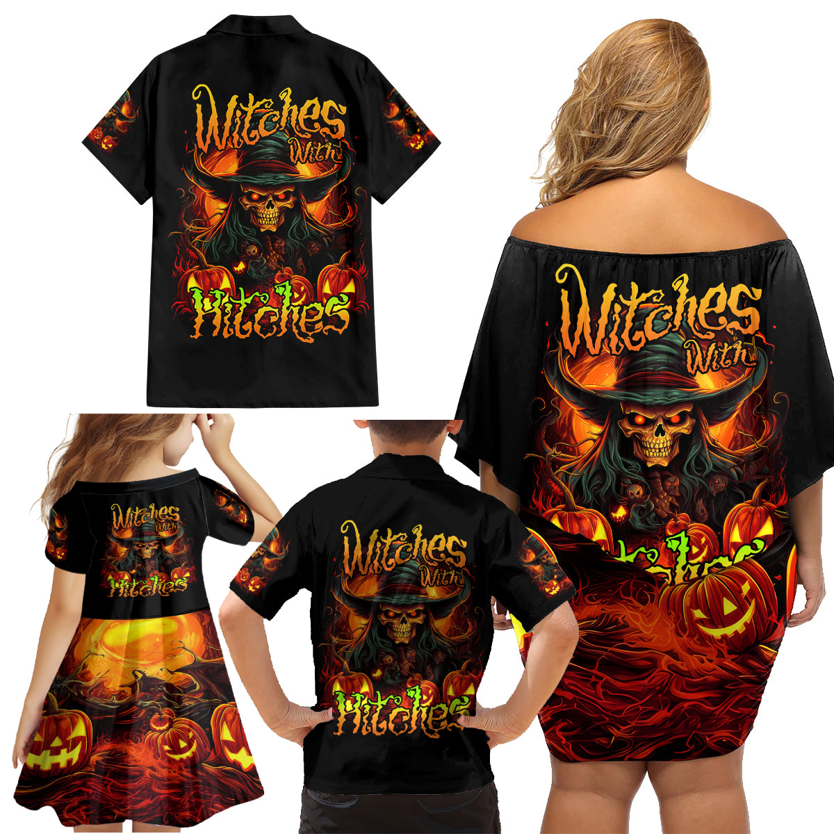 Witch Skull Family Matching Off Shoulder Short Dress and Hawaiian Shirt Witches With Hitches - Wonder Print Shop