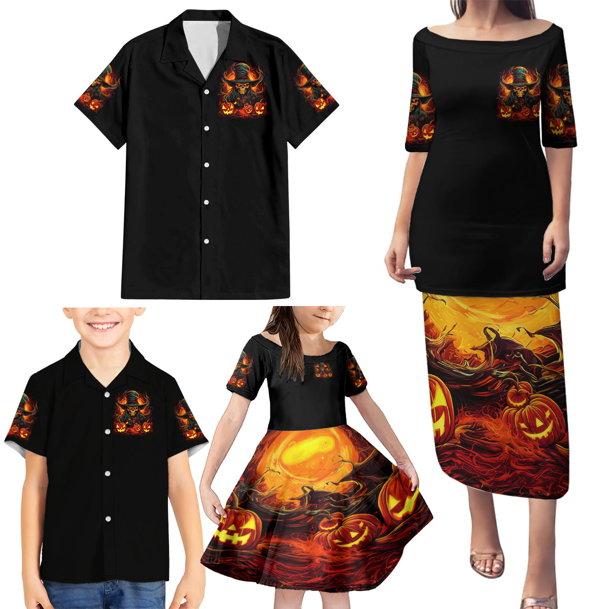 Witch Skull Family Matching Puletasi and Hawaiian Shirt Witches With Hitches - Wonder Print Shop