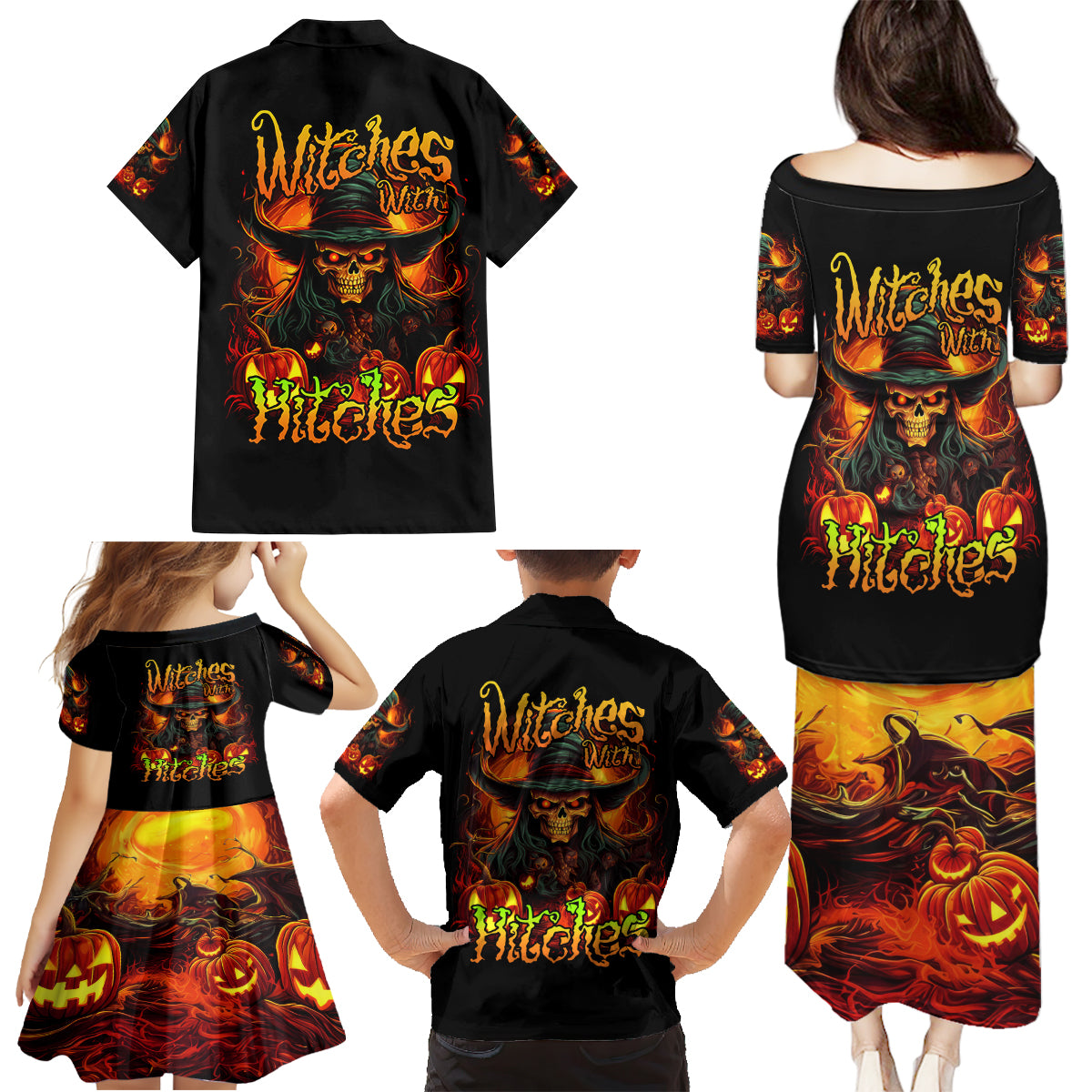 Witch Skull Family Matching Puletasi and Hawaiian Shirt Witches With Hitches - Wonder Print Shop