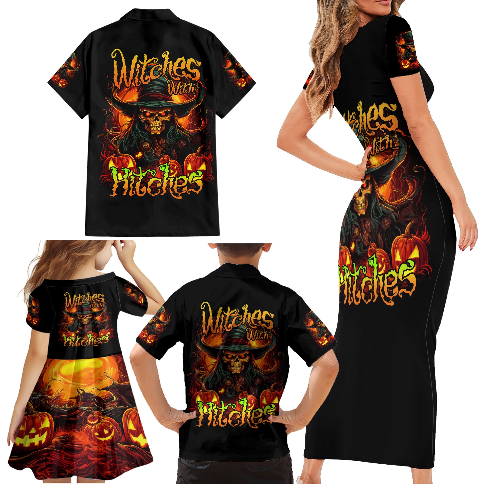 Witch Skull Family Matching Short Sleeve Bodycon Dress and Hawaiian Shirt Witches With Hitches - Wonder Print Shop