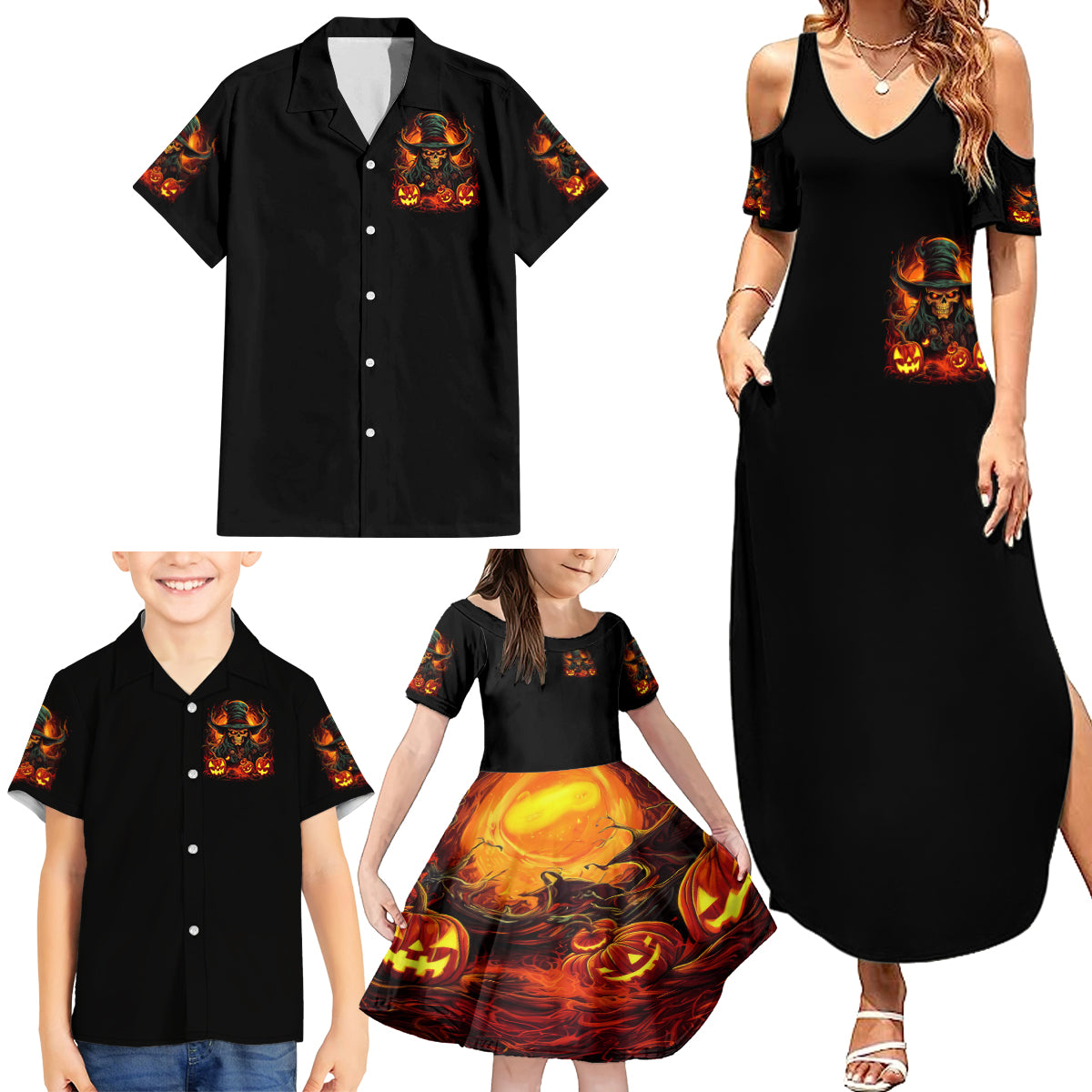 Witch Skull Family Matching Summer Maxi Dress and Hawaiian Shirt Witches With Hitches - Wonder Print Shop