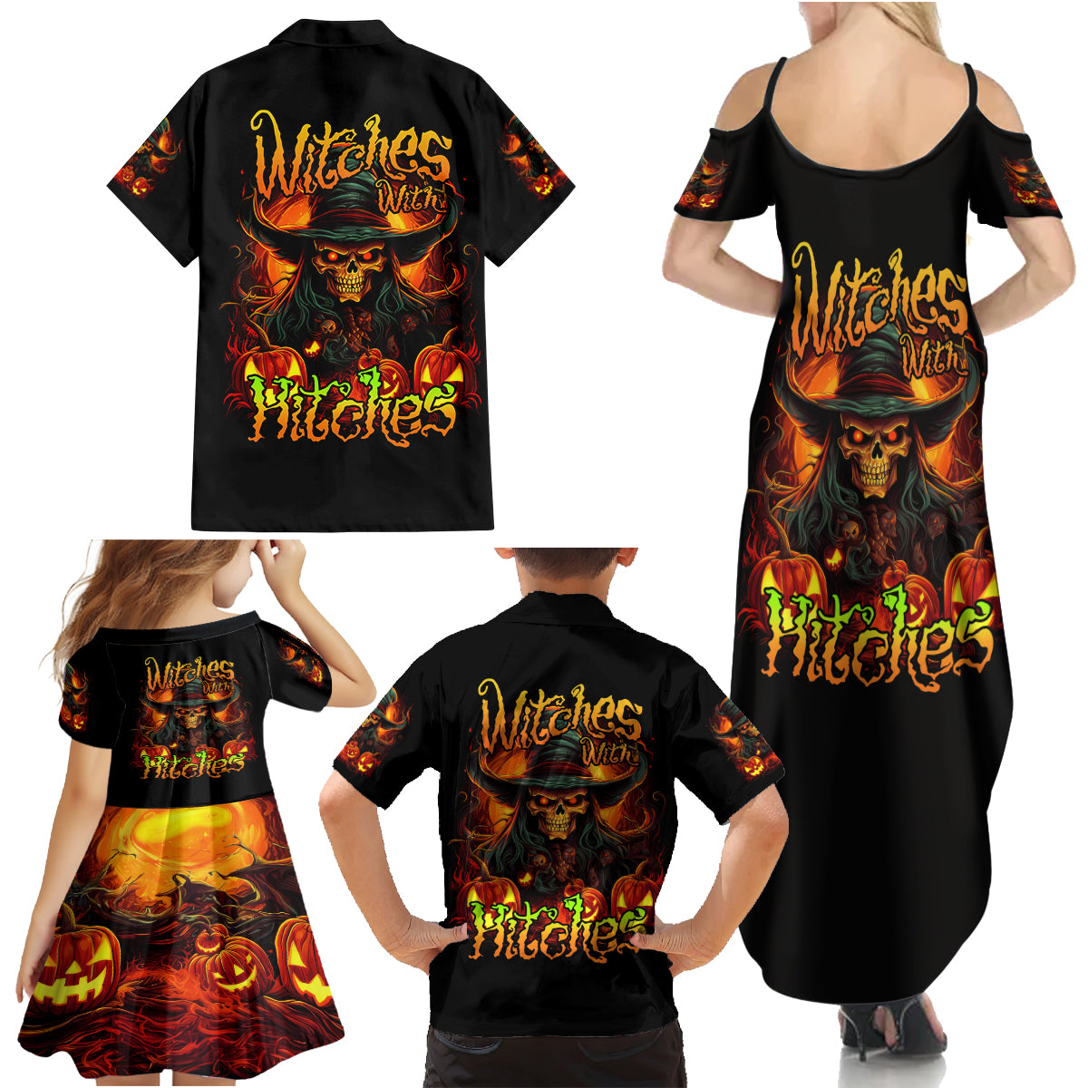 Witch Skull Family Matching Summer Maxi Dress and Hawaiian Shirt Witches With Hitches - Wonder Print Shop