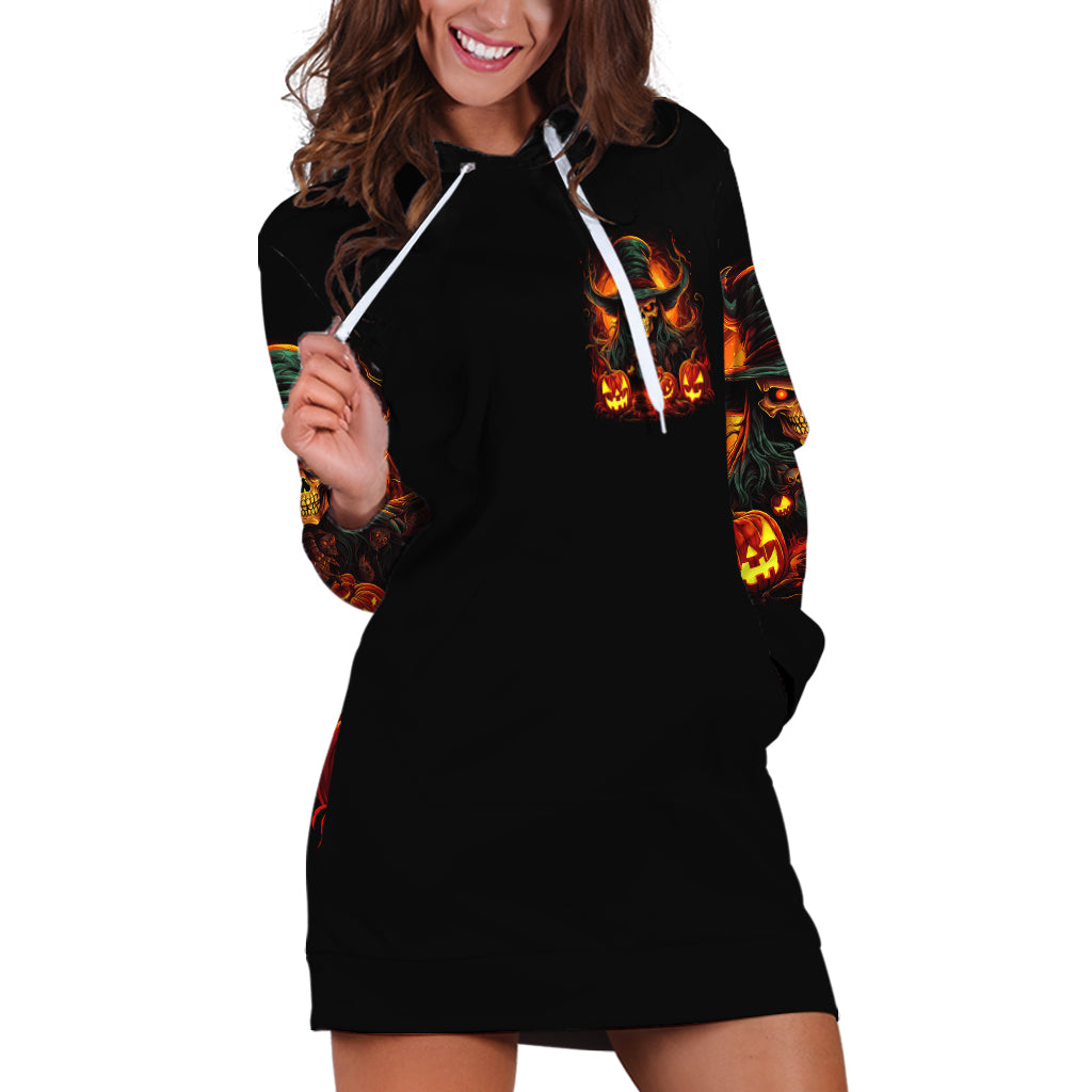 Black hoodie dress with flame sleeve print and white drawstrings