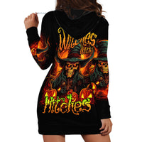 Black hoodie dress with flaming skull witch graphic on back
