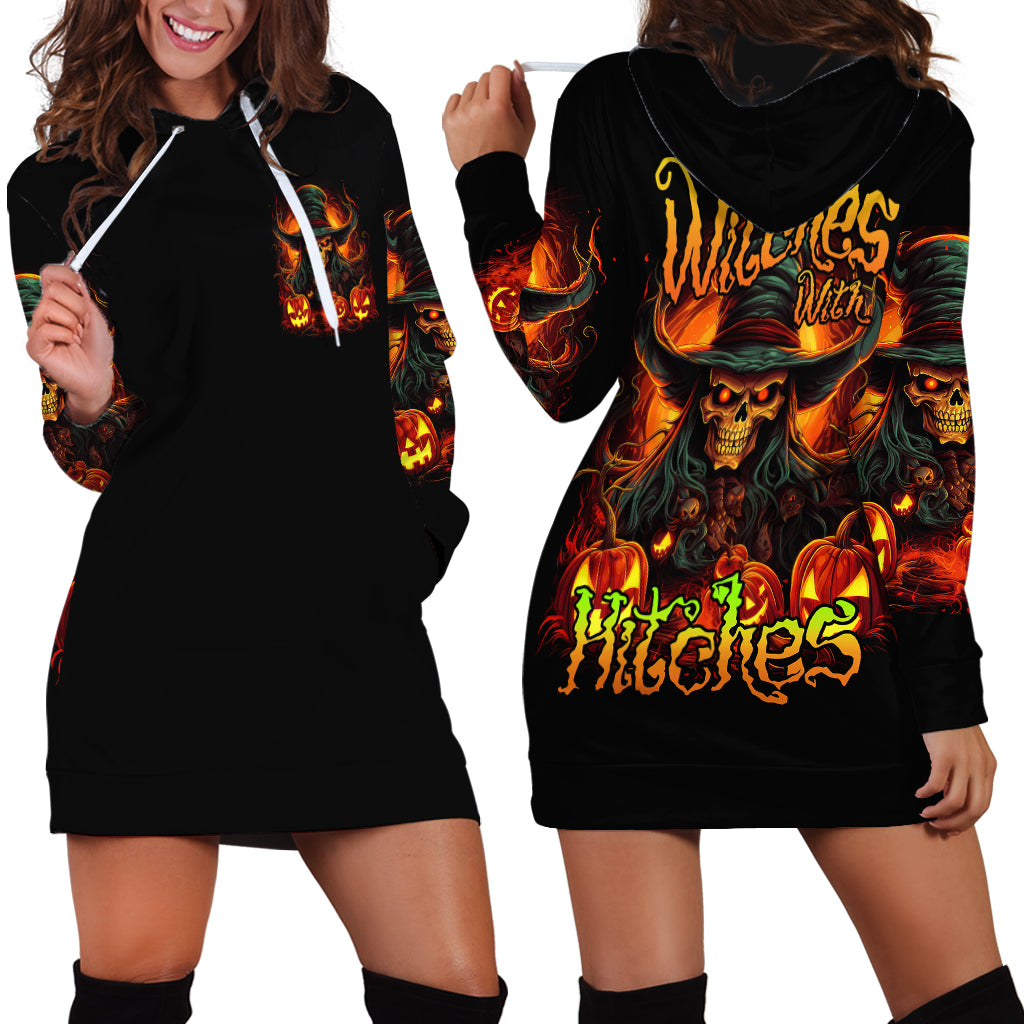 Black hoodie dress with skull and flames artwork, front and back