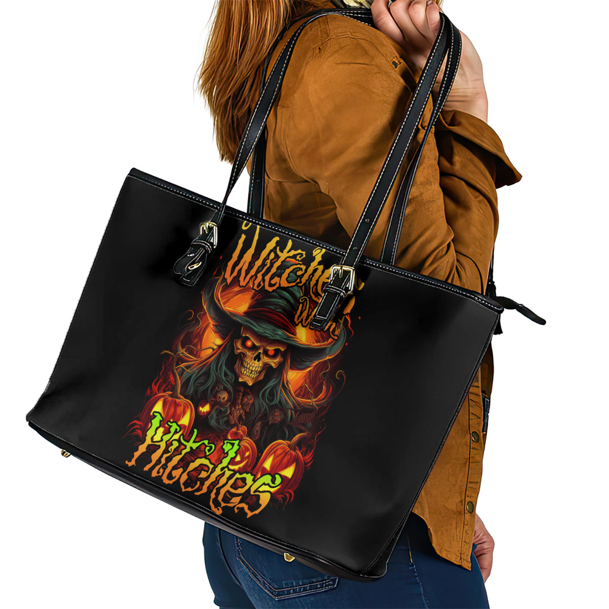 Witch Skull Leather Tote Bag Witches With Hitches - Wonder Print Shop
