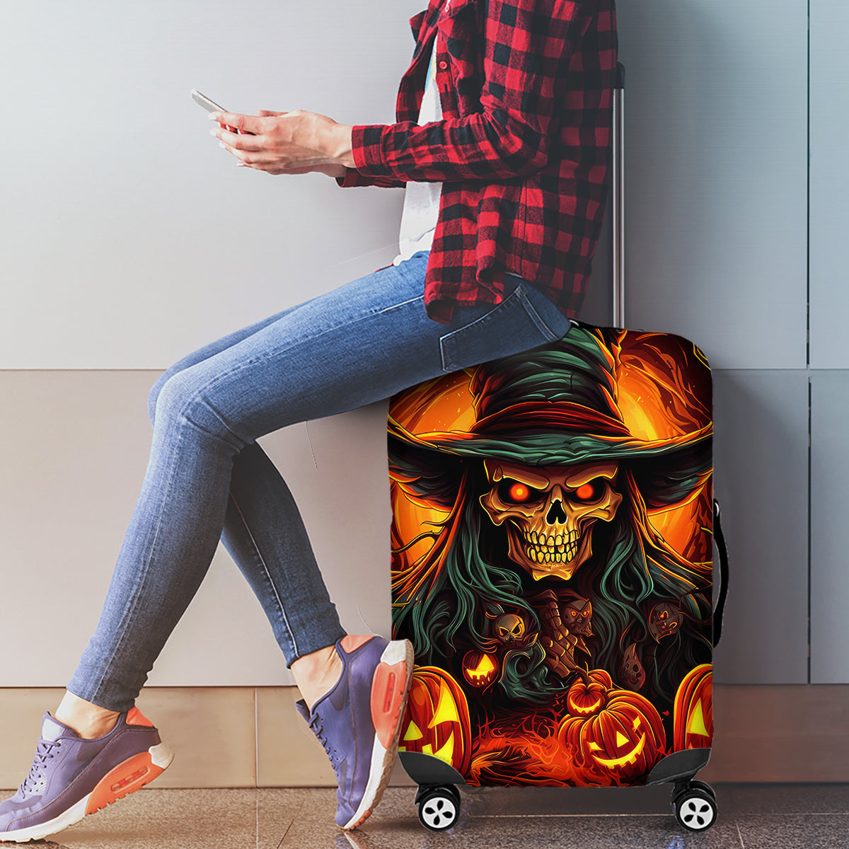 Witch Skull Luggage Cover Witches With Hitches - Wonder Print Shop