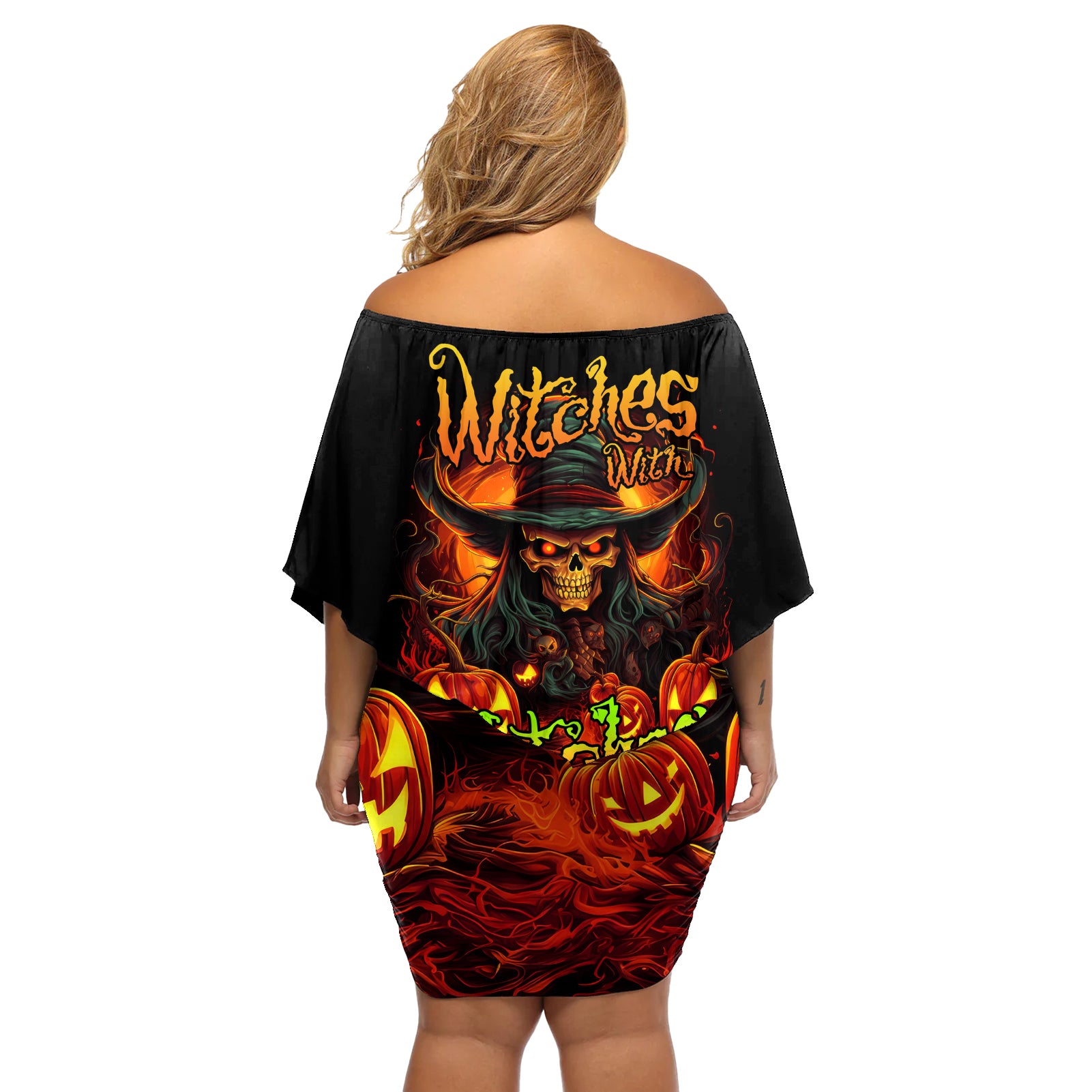 Witch Skull Off Shoulder Short Dress Witches With Hitches - Wonder Print Shop