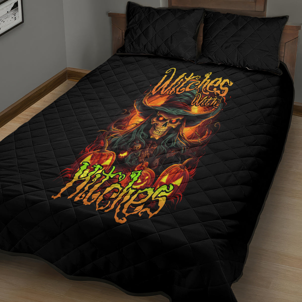 Witch Skull Quilt Bed Set Witches With Hitches - Wonder Print Shop