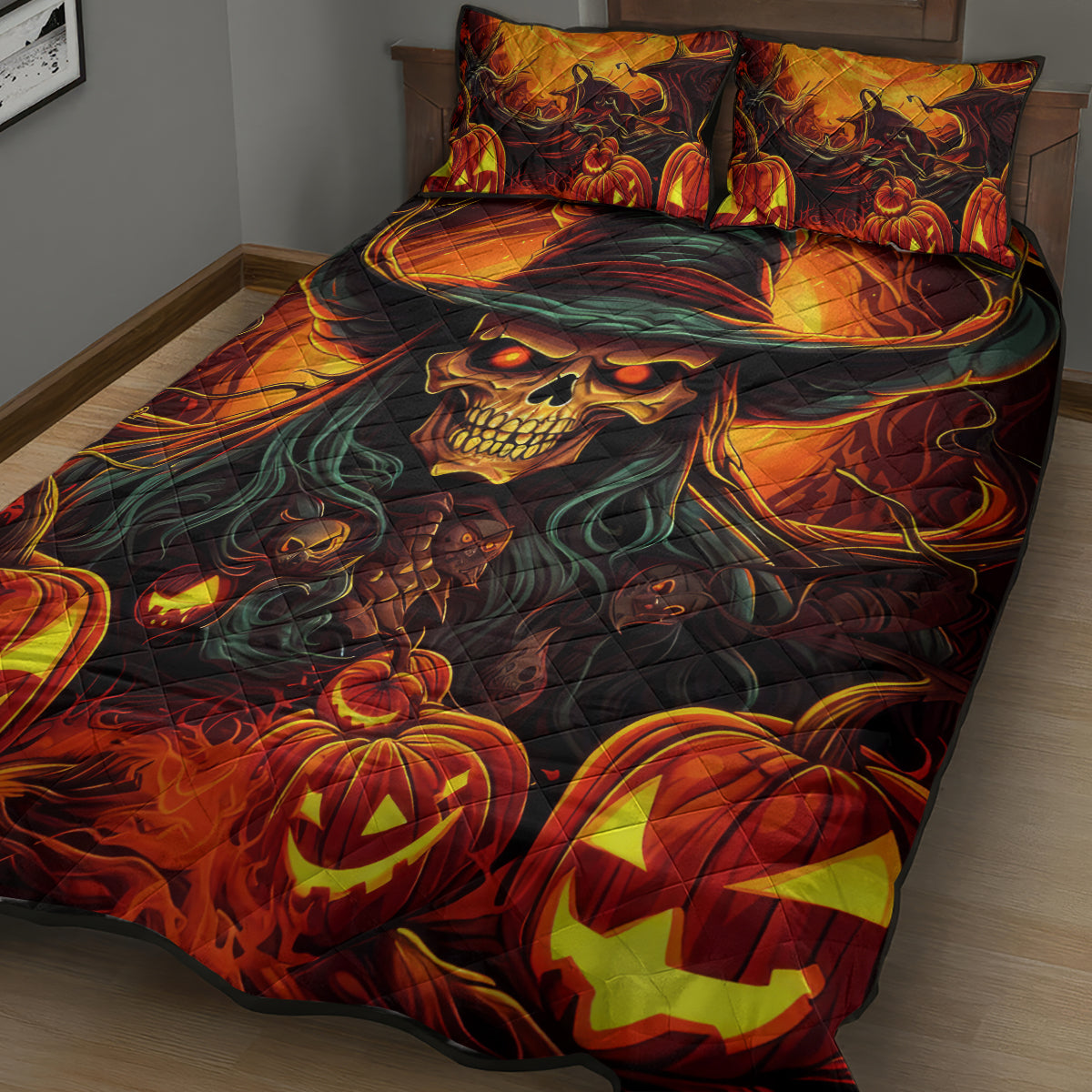 Witch Skull Quilt Bed Set Witches With Hitches - Wonder Print Shop