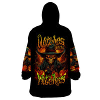 Black wearable blanket hoodie with hood, full back witch skull graphic