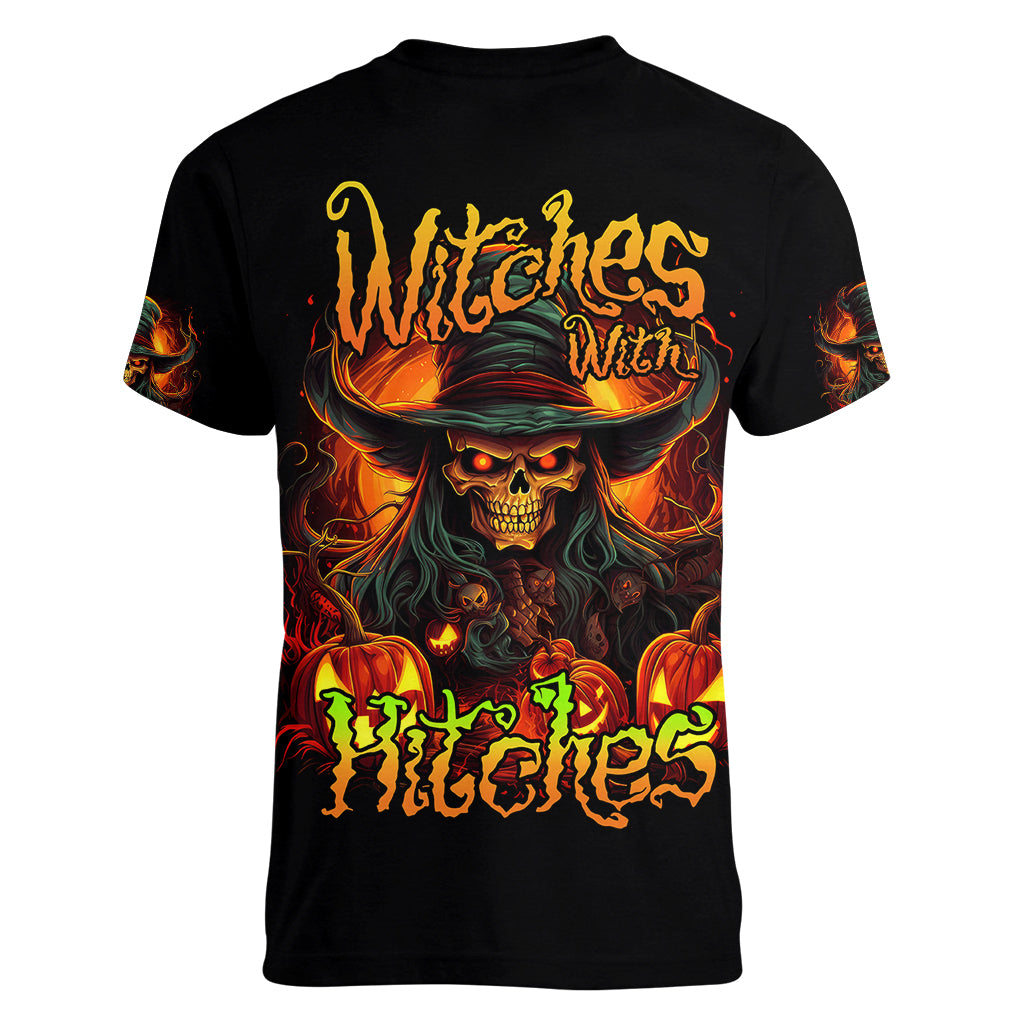 Witch Skull Women V Neck T Shirt Witches With Hitches - Wonder Print Shop