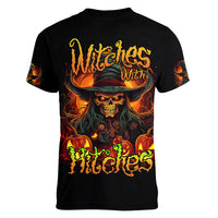 Witch Skull Women V Neck T Shirt Witches With Hitches - Wonder Print Shop