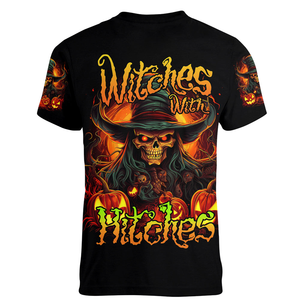 Witch Skull Women V Neck T Shirt Witches With Hitches - Wonder Print Shop