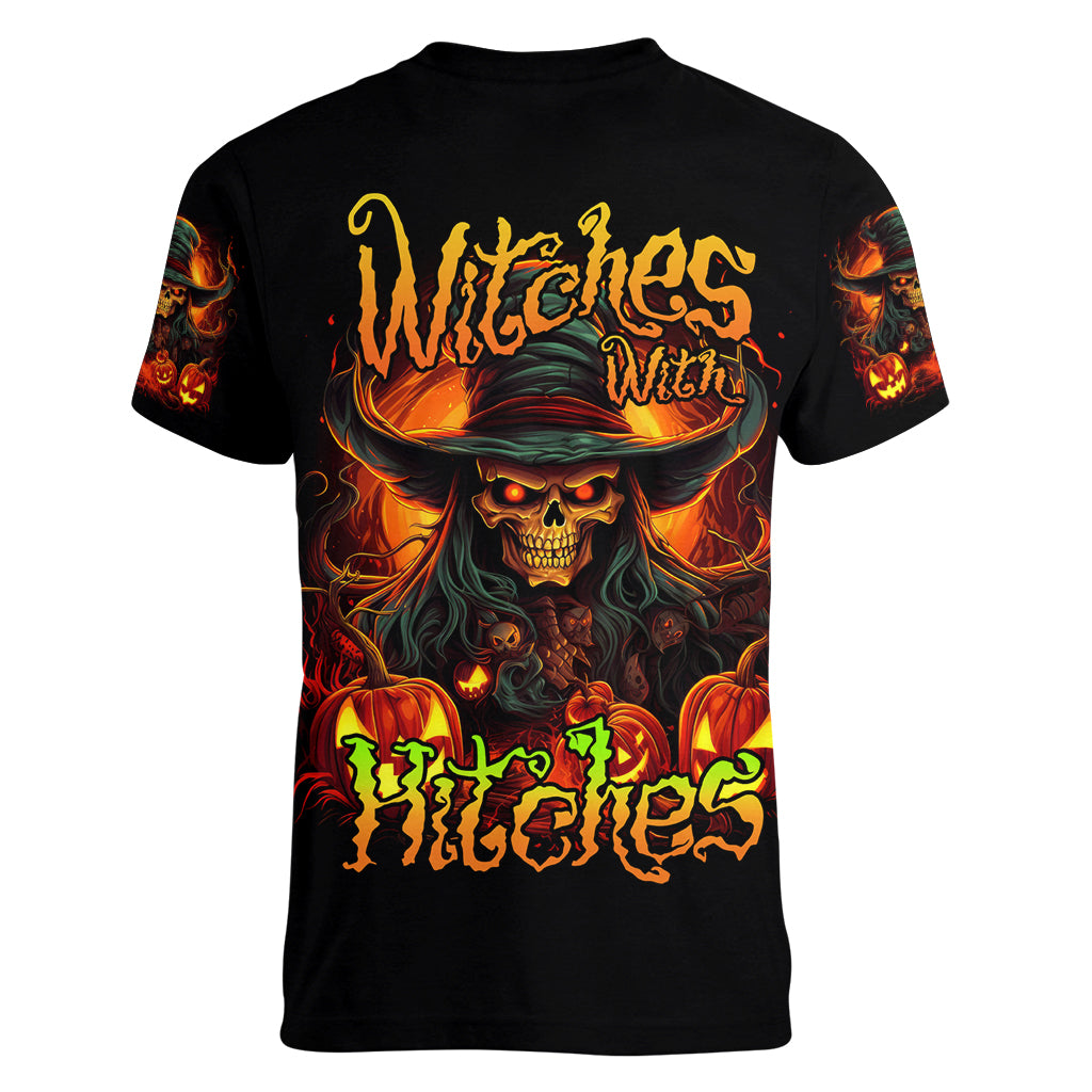 Witch Skull Women V Neck T Shirt Witches With Hitches - Wonder Print Shop