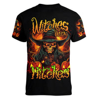 Witch Skull Women V Neck T Shirt Witches With Hitches - Wonder Print Shop