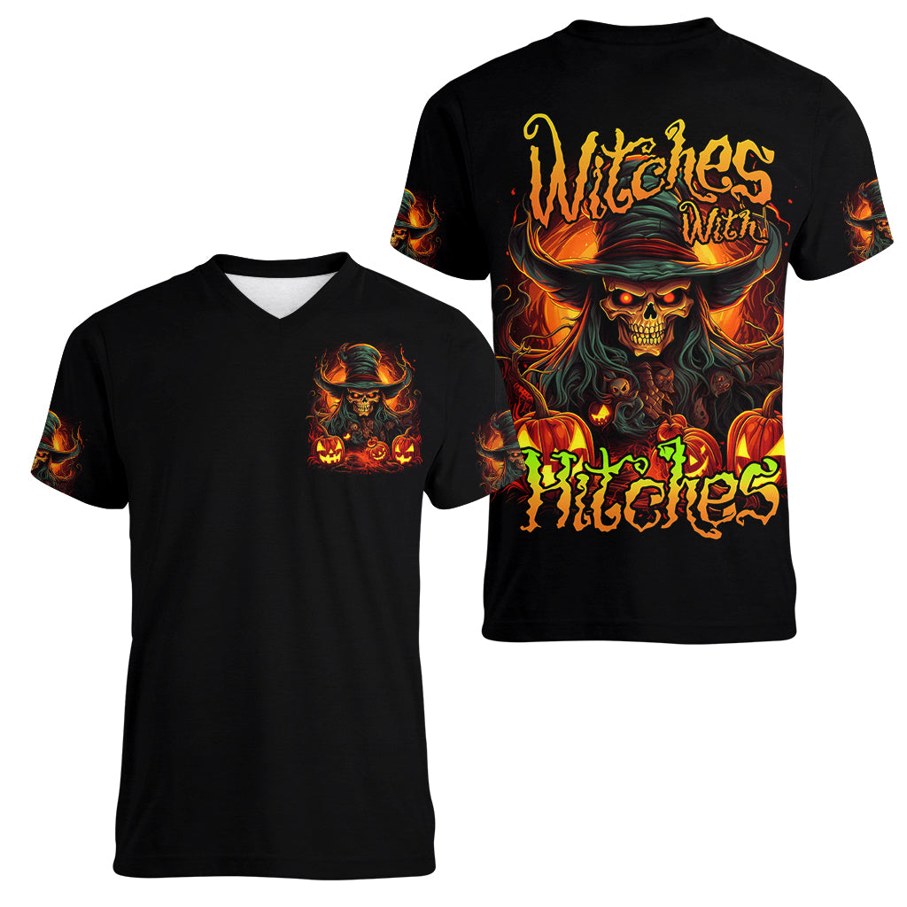 Witch Skull Women V Neck T Shirt Witches With Hitches - Wonder Print Shop
