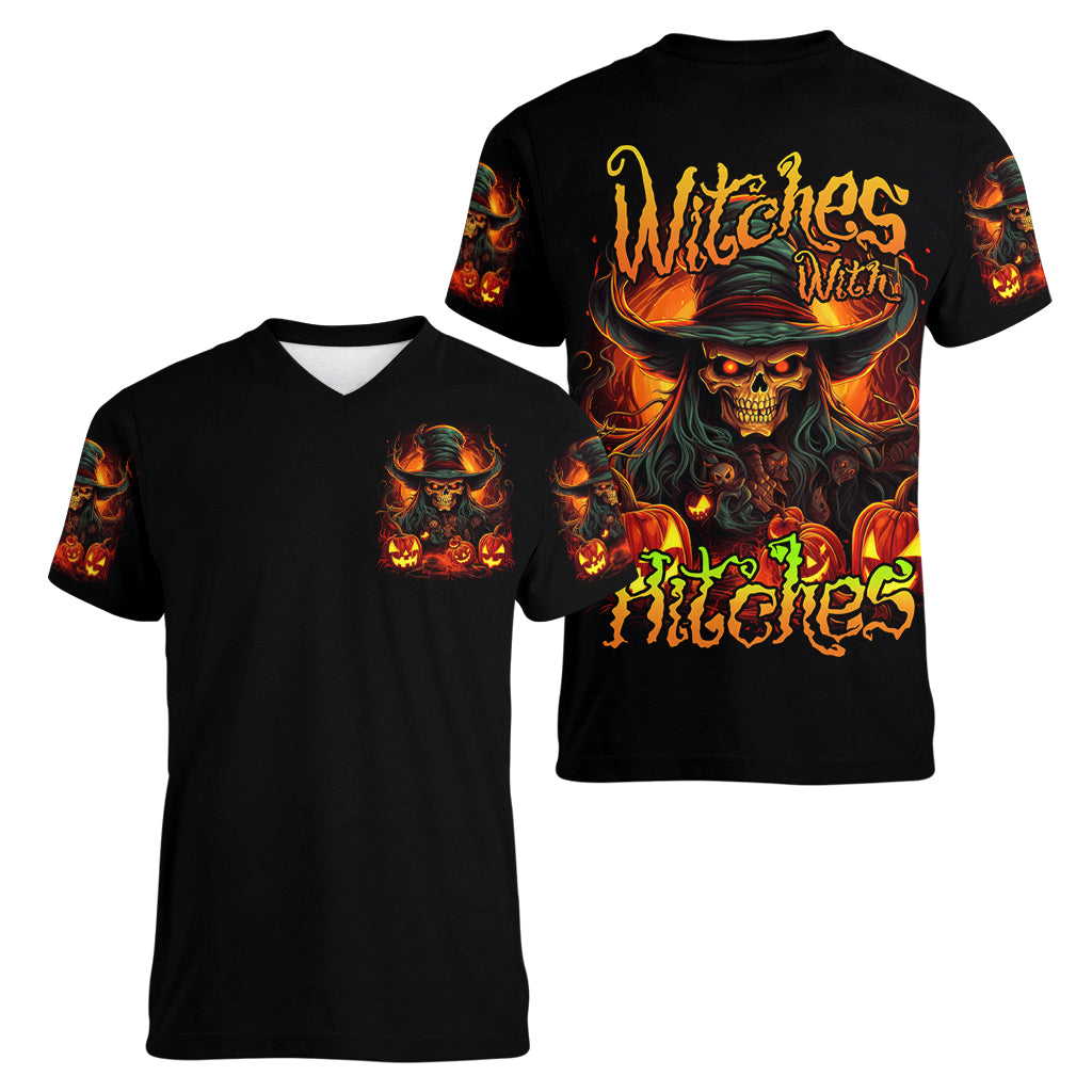 Witch Skull Women V Neck T Shirt Witches With Hitches - Wonder Print Shop