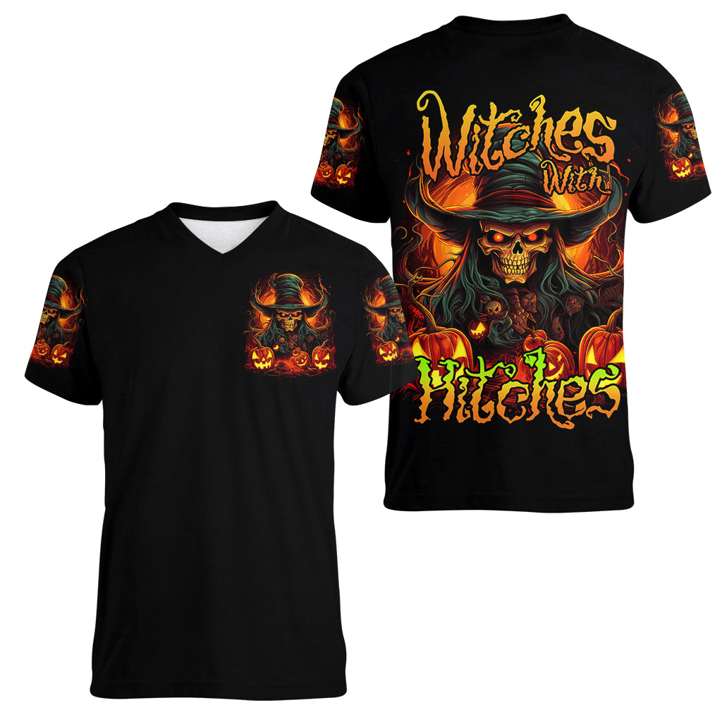 Witch Skull Women V Neck T Shirt Witches With Hitches - Wonder Print Shop