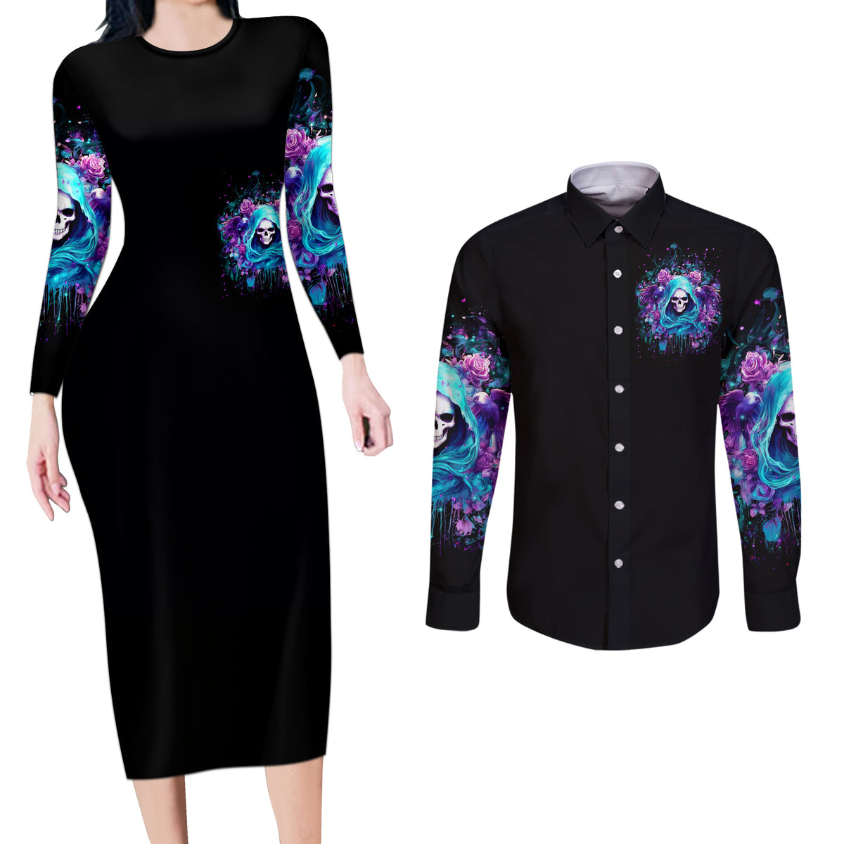 Fairy Skull Couples Matching Long Sleeve Bodycon Dress and Long Sleeve Button Shirt Once Upon A Time I Was Sweet And Innocent And Then Shit Happens - Wonder Print Shop
