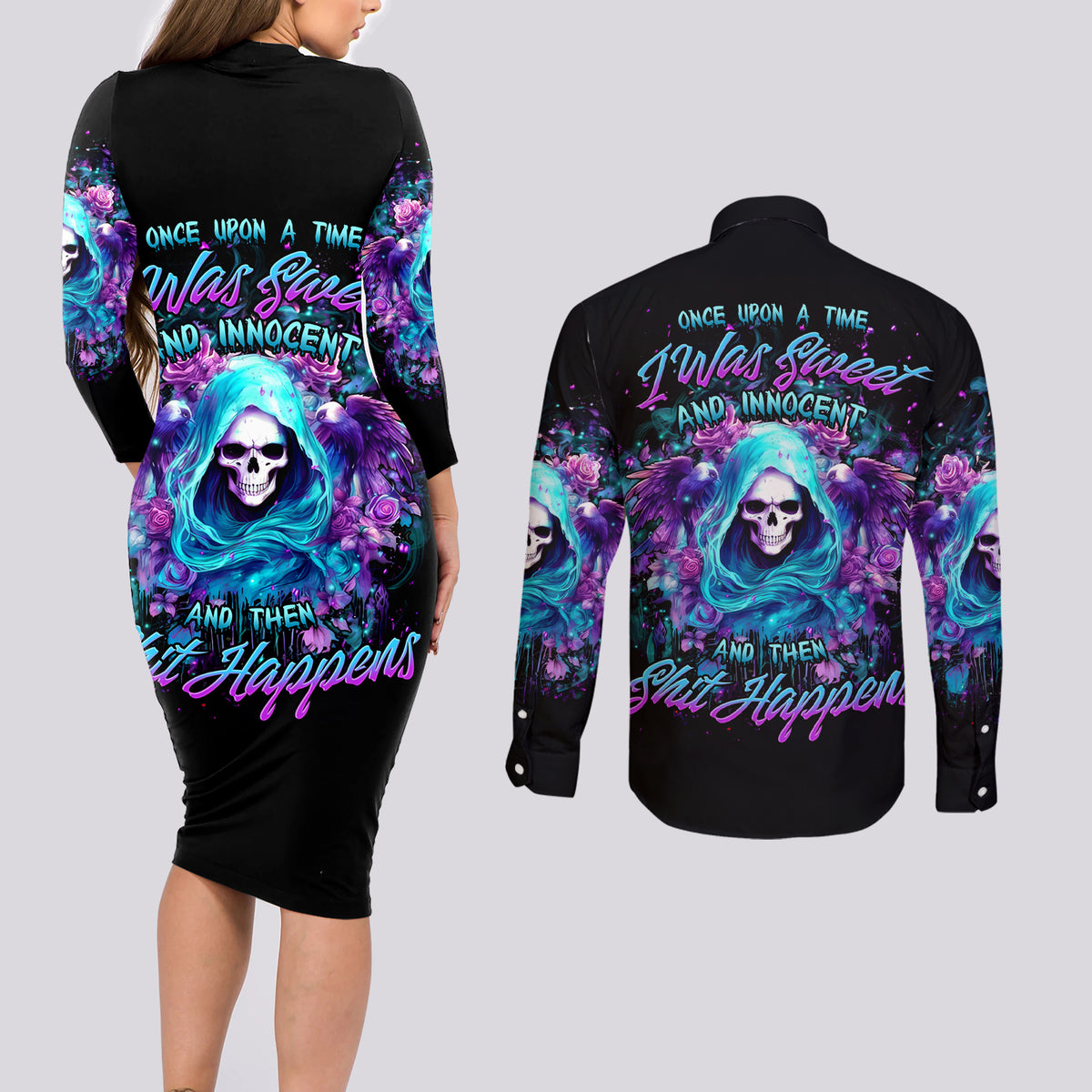 Fairy Skull Couples Matching Long Sleeve Bodycon Dress and Long Sleeve Button Shirt Once Upon A Time I Was Sweet And Innocent And Then Shit Happens - Wonder Print Shop