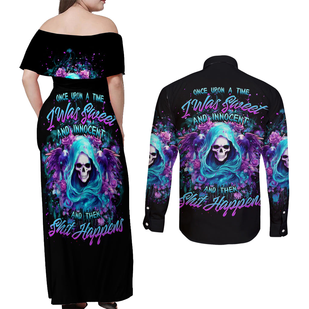 Fairy Skull Couples Matching Off Shoulder Maxi Dress and Long Sleeve Button Shirt Once Upon A Time I Was Sweet And Innocent And Then Shit Happens - Wonder Print Shop
